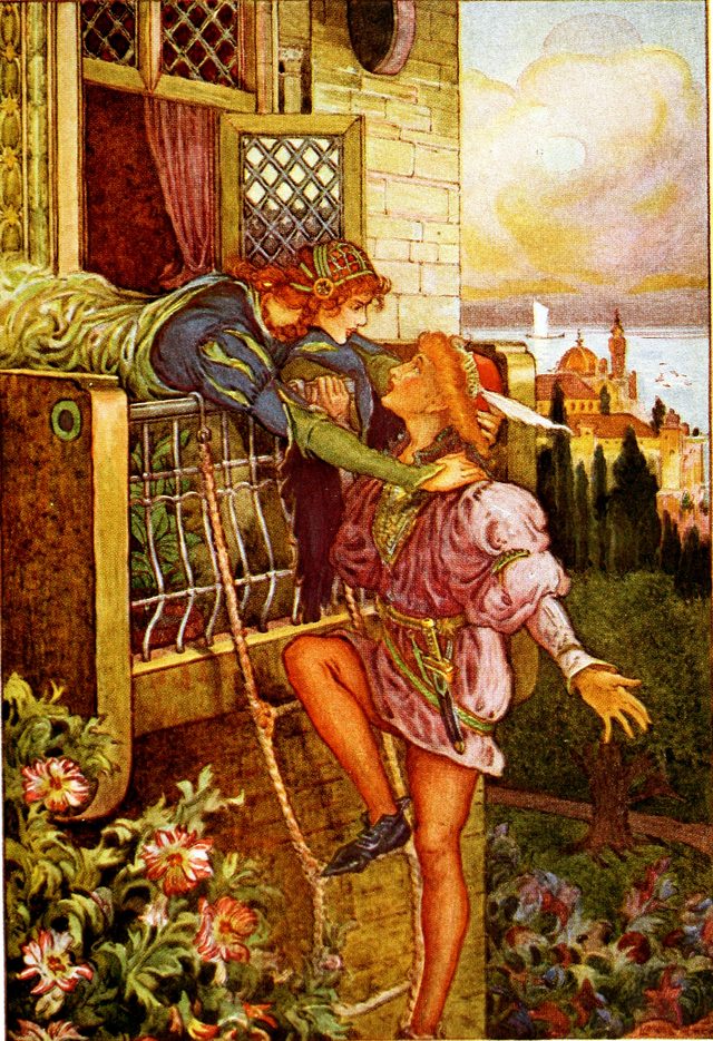 Storybook illustration of Romeo climbing a rope ladder while Juliet leans down from her balcony to greet him.