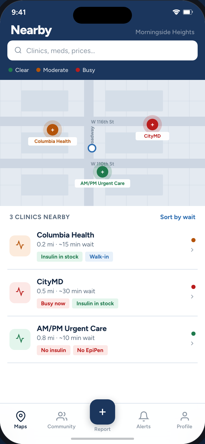 The LionsMed map: Columbia Health about 15 minutes, CityMD about 30 minutes and busy, AM/PM Urgent Care about 10 minutes but out of insulin.